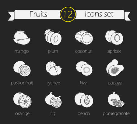 Fruits silhouette icons set. Blackboard chalk drawing sliced fruits realistic illustrations with signs. Vegetarian restaurant tropical food menu symbols. Grocery store diet nutrition vector clip artのイラスト素材