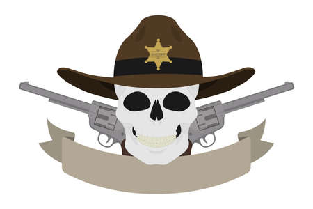 Wild west sheriff emblem. Skull in hat and two revolvers with text ribbon. Western skull and pistols vintage logo. Cowboy badge with sheriff star and guns. Isolated color vector illustrationのイラスト素材
