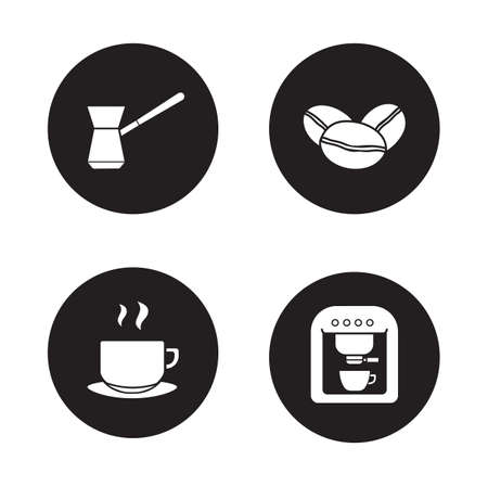 Coffee appliances black icons set. Turkish cezve and roasted coffee beans. Espresso machine and steaming cup symbols. White silhouettes illustrations isolated on circles. Vector infographics elementsのイラスト素材