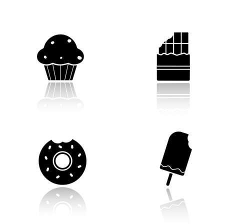 Sweets drop shadow icons set. Confectionery and bakery glossy symbols. Ice cream on stick and bitten glazed donuts. Muffin and chocolate bar. Black cast shadow silhouettes illustrations. Vectorのイラスト素材