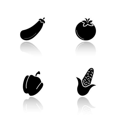 Vegetables drop shadow icons set. Vegetarian healthy salad ingredients. Raw eggplant and fresh tomato glossy symbols. Bell pepper and corn black cast shadow silhouettes illustrations. Vectorのイラスト素材