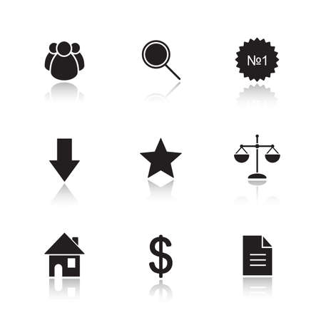 Marketing tools drop shadow icon set. Commercial and business cast shadow silhouettes illustrations isolated on white. Webpage interface items. House and document symbols. Vector infographics elementsのイラスト素材