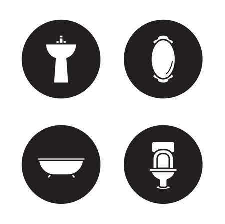 Bathroom black icons set. Restroom interior items.  White silhouettes illustrations isolated on circles. Bath and wall mirror in frame. Toilet and washbasin round symbols. Vector infographics elementsのイラスト素材