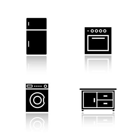 Kitchen appliances drop shadow icons set. Fridge and oven black cast shadow silhouette illustrations isolated on white. Washing machine and cooking table. Household items. Vector infographics elementsのイラスト素材