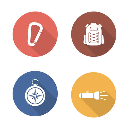 Hiking flat design icons set. Travel and camping white silhouette illustrations. Mountain climbing equipment long shadow round symbols. Tourist backpack and carabiner.Vector infographics elementsのイラスト素材
