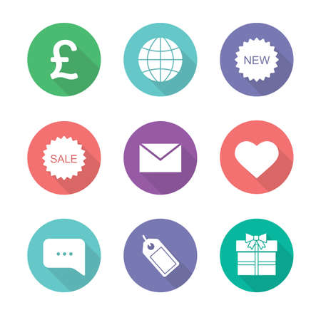 Online shop flat design icons set. Web store white silhouette illustrations on color circles.  Internet marketing and e-commerce round symbols. Gift box and chat bubble. Vector infographics elementsのイラスト素材