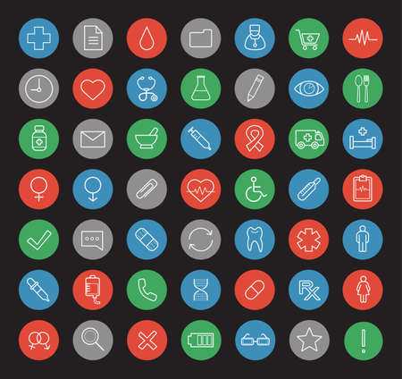 Hospital linear icons set. Medical center white line art illustrations on color circles. Healthcare and medicine round outline symbols. Pharmacy items. Vector clinic infographics elementsのイラスト素材