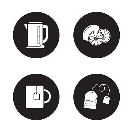 Tea icons set. Cup with hanging teabag and sliced lemon white silhouettes round illustrations. Household tea appliances items. Electric kettle monochrome symbol. Vector infographics elementsのイラスト素材
