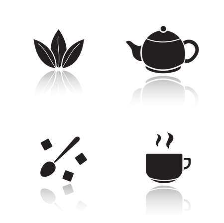Tea accessories drop shadow icons set. Tea leaves and teapot cast shadow silhouettes illustrations isolated on white. Steaming teacup and spoon with sugar cubes. Vector infographics elementsのイラスト素材