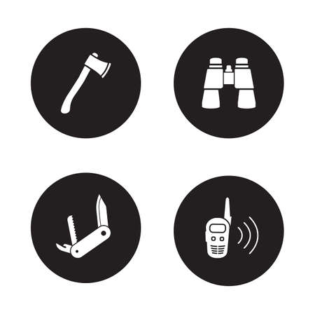 Survival equipment black icon set. Hiking and camping tools. Multifunction pocket knife and 2 way radio. Binoculars and ax circle symbols. Travel and expedition white silhouettes illustrations. Vectorのイラスト素材