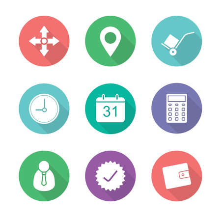 Delivery service flat design icons set. Shipping and logistic white silhouette illustrations on color circles. Online package tracking and customer support web interface. Vector infographics elementsのイラスト素材