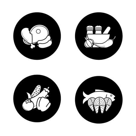 Dish ingredients black icons set. Food products for cooking. Meat products, mortar and pestle with spices, vegetables, tuna fish fillet. White silhouettes illustrations. Logo concepts. Vectorのイラスト素材