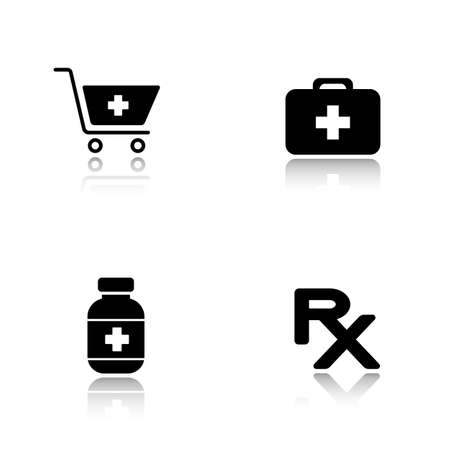 Pharmacy website drop shadow icons set. Drugstore shopping cart symbol with cross, medical chest, medicine pills box, prescription rx sign. Cast shadow logo concepts. Vector black illustrationsのイラスト素材