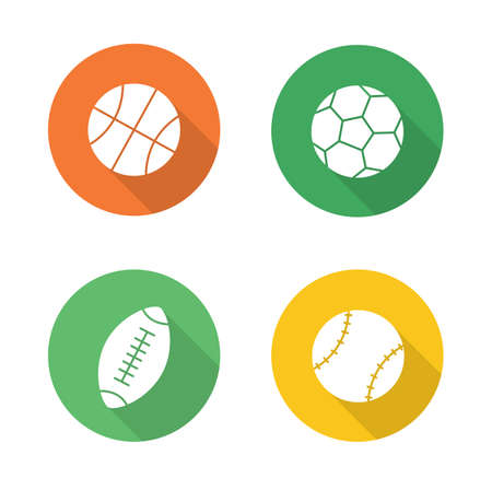 Sport balls flat design icons set. Basketball, soccer, baseball, american football or rugby long shadow logo concepts. Active, team play games pictograms. White silhouette illustrations. Vectorのイラスト素材