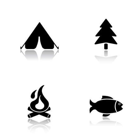Camping drop shadow icons set. Camp tent, forest tree symbol, campfire and fishing sign. Outdoor recreation and survival pictograms. Cast shadow logo concepts. Vector black silhouette illustrationsのイラスト素材