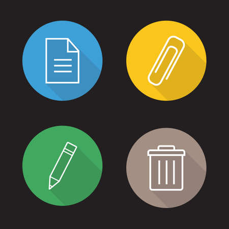 File editor flat linear icons set. New text document, attachment clip symbol, pencil edit button, trash bin. Long shadow outline logo concepts. App interface elements. Vector line art illustrations.のイラスト素材