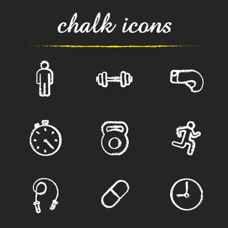 Sport chalk icons set. Gym dumbbell, stopwatch, skipping rope, boxing glove and running man. Active lifestyle and workout symbols. White illustrations on blackboard. Vector chalkboard logo conceptsのイラスト素材