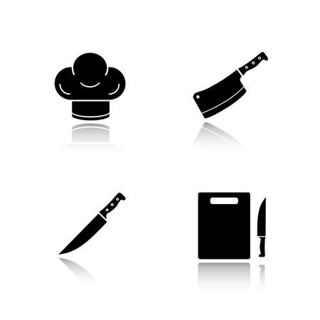 Kitchenware drop shadow black icons set. Chef hat, sharp knife, butcher chopper and cutting board. Restaurant kitchen tools items. Cooking equipment. Logo concepts. Vector illustrationsのイラスト素材