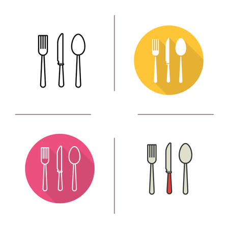 Cutlery flat design, linear and color icons set. Fork, spoon and knife. Kitchen tools. Restaurant equipment. Cuisine instruments. Contour and long shadow logo concepts. Isolated vector illustrationsのイラスト素材