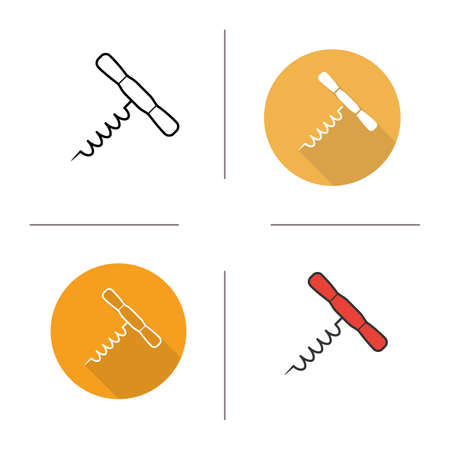 Wine bottle opener flat design, linear and color icons set. Kitchen tools item. Cooking equipment. Cuisine instrument. Contour and long shadow logo concepts. Isolated vector illustrationsのイラスト素材