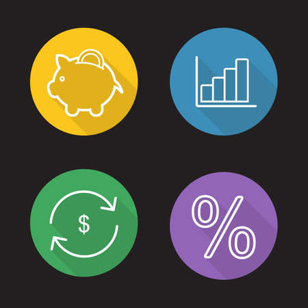 Online banking flat linear long shadow icons set. Piggy bank, income diagram, percentage, money exchange and refund symbols. Finance and business outline logo concepts. Vector line art illustrationsのイラスト素材