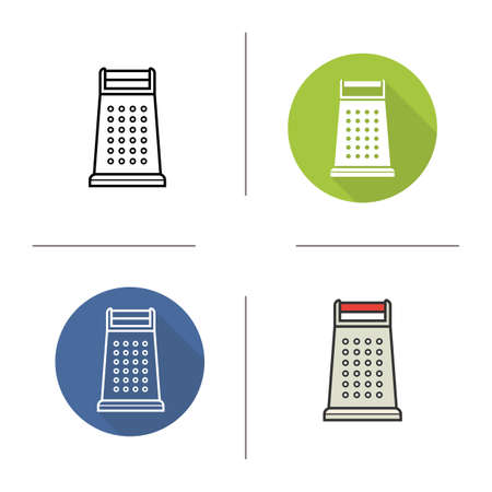 Grater flat design, linear and color icons set. Contour and long shadow logo concepts. Isolated vector illustrations. icon. Kitchen tools items. Kitchenware cooking equipment. Cuisine instrumentsのイラスト素材