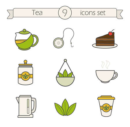 Tea icons set. Color. Tea shop items. Teapot ball infuser, chocolate cake, loose tea leaves and disposable paper cup. Electric kettle and steaming teacup. Logo concepts. Vector isolated illustrationsのイラスト素材