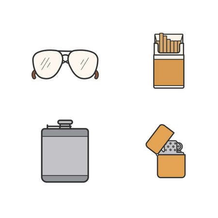 Men's accessories color icons set. Alcohol hip flask, open cigarette pack, sunglasses and flip lighter symbols. Everyday carry men items. Logo concepts. Vector isolated illustrationsのイラスト素材