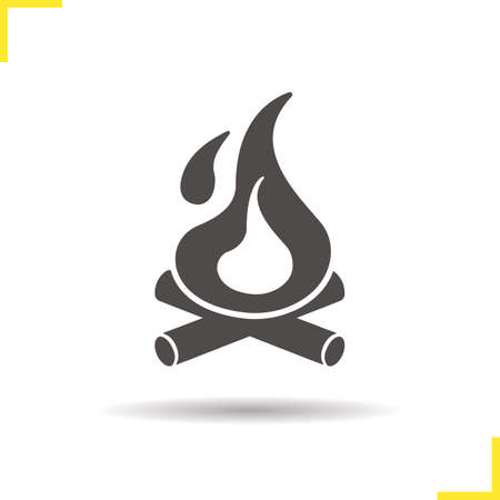 Campfire icon. Drop shadow bonfire pictogram. Tourist campfire with firewood. Isolated black illustration.のイラスト素材