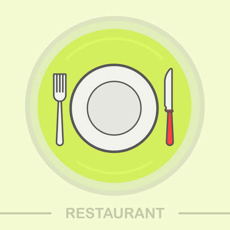 Restaurant utensils color icons set. Plate, fork and table knife. Household kitchen items. Breakfast, lunch, dinner and supper utensils. Kitchenware tools.のイラスト素材