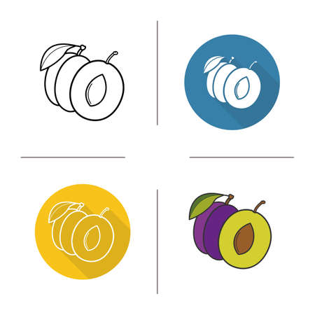 Plum flat design, linear and color icons set. Plum symbol in different styles. Halved plum icons. Sweet juicy fruit. Long shadow concept. Plum isolated vector illustrations. Infographic elementsのイラスト素材