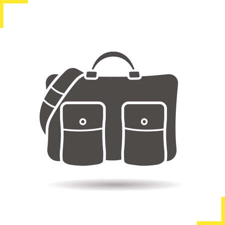 Handbag icon. Drop shadow men's handbag icon. Men's business trip accessory. Isolated hand bag black illustration. Handbag concept. Vector silhouette men's handbag symbolのイラスト素材