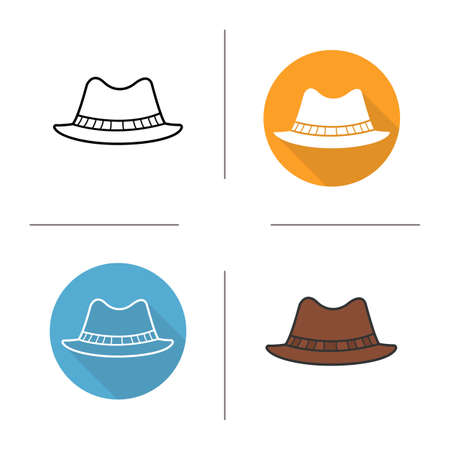 Classic men's hat flat design, linear and color icons set. Homburg in different styles. Male formal attire hat. Long shadow concept. Isolated hat vector illustrations. Infographic elementsのイラスト素材