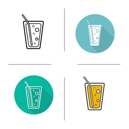 Lemonade drink flat design, linear and color icons set. Glass of lemonade with straw. Ice cocktail beverage. Long shadow concept. Isolated vector illustration. Infographic elementsのイラスト素材