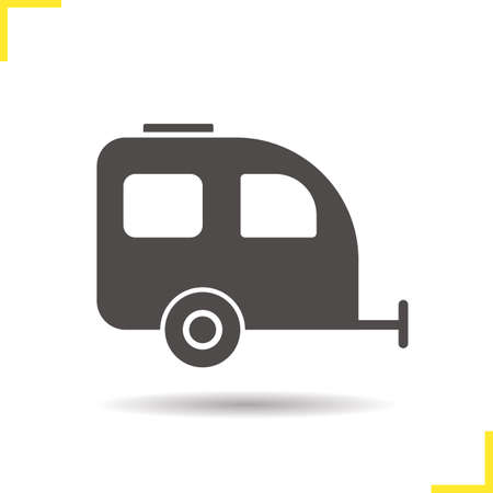 Trailer icon. Drop shadow camping trailer pictogram. Tourist transport vehicle. Isolated black illustration. concept. Vector silhouette symbolのイラスト素材