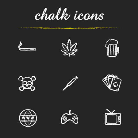 Human addictions chalk icons set. Bad habits. Drug and alcohol abuse. Cigarette, glass of beer and marijuana leaf.  Internet and tv. White illustrations on blackboard. Vector chalkboard  conceptsのイラスト素材