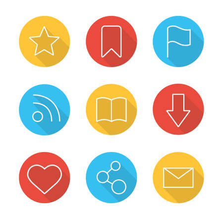Web browser flat linear long shadow icons set. Add to favorite star and network connection symbols. Bookmark ribbon, open book and rss feed signs. Outline concepts. Vector line art illustrationsのイラスト素材