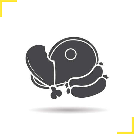 Meat products icon. Drop shadow chicken leg, sausages and beef steak silhouette symbol. Butcher's shop. Meat products  concept. Vector chicken leg, sausages and beef steak  isolated illustrationのイラスト素材