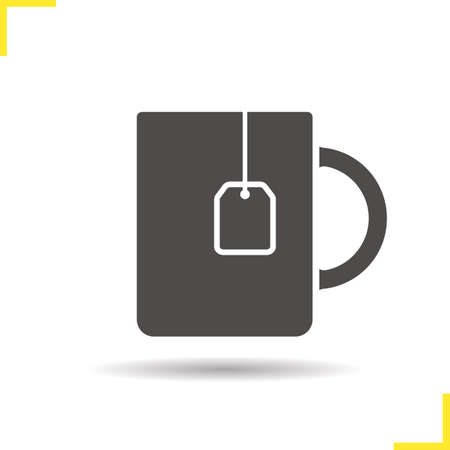 Teacup icon. Drop shadow teacup with teabag silhouette symbol. Hot drink cup. Hot drink logo concept. Vector teacup with teabag isolated illustrationのイラスト素材