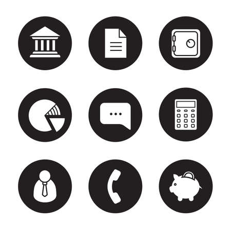 Banking black icons set. Bank symbols. Graph, chat and calculator. Bank manager, receiver and piggybank. Deposit box, agreement and bank building. White illustrations. Vector finance  conceptsのイラスト素材