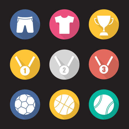 Sport equipment flat design long shadow icons set. Award ceremony items. Winner cup. Gold, silver and bronze medals. Basketball, tennis and soccer balls. Sport uniform. Vector symbolsのイラスト素材