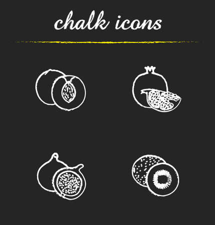 Fruit icons set. Apricot, pomegranate, fig and kiwifruit illustrations. Tropical fruit isolated vector chalkboard drawingsのイラスト素材
