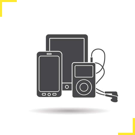 Electronics gadgets icon. Drop shadow smartphone, tablet pc and mp3 player with earphones silhouette symbol. Multimedia electronic devices. Electronic gadget  concept. Isolated vector illustrationのイラスト素材