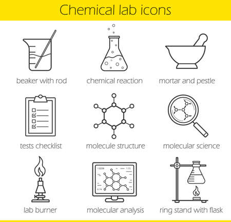 Chemical laboratory equipment linear icons set. Beaker with rod, chemical reaction and test checklist. Molecule structure and lab burner. Chemistry lab tools. Thin line. Isolated vector illustrationsのイラスト素材