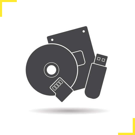Data storage devices icon. Drop shadow usb flash drive, cd and flash card silhouette symbol. Computer data storage equipment. Vector isolated illustrationのイラスト素材