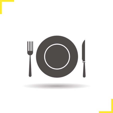 Eatery icon. Drop shadow restaurant and cafe silhouette symbol. Tableware set. Vector isolated illustrationのイラスト素材