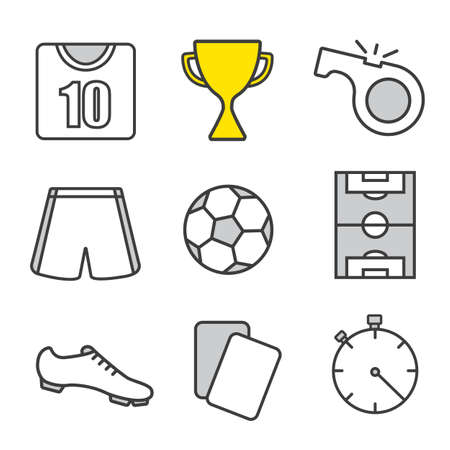 Soccer linear icons set. Football player kit, winner's cup, referee's whistle and cards, ball, field, stopwatch. Thin line. Isolated vector illustrationsのイラスト素材