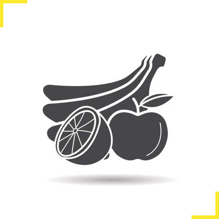 Fruit icon. Drop shadow bananas, apple and orange silhouette symbol. Exotic and agricultural fruit. Vector isolated illustrationのイラスト素材