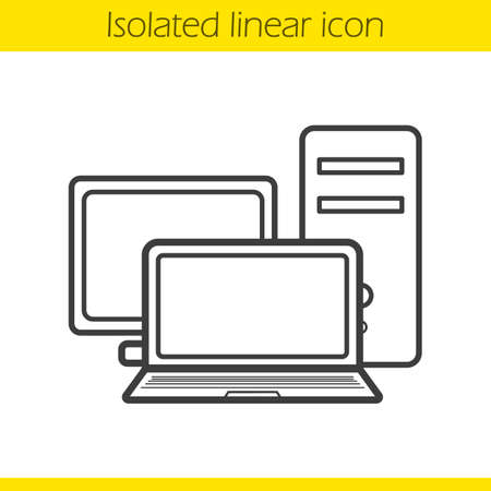 Computers linear icon. PC screen, system unit and laptop. Modern digital electronics thin line illustration. Computers contour symbol. Vector isolated outline drawingのイラスト素材