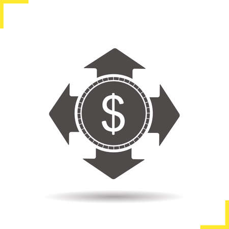 Money spending icon. Accounting. Drop shadow investment silhouette symbol. Dollar coin with arrows. Vector isolated illustrationのイラスト素材
